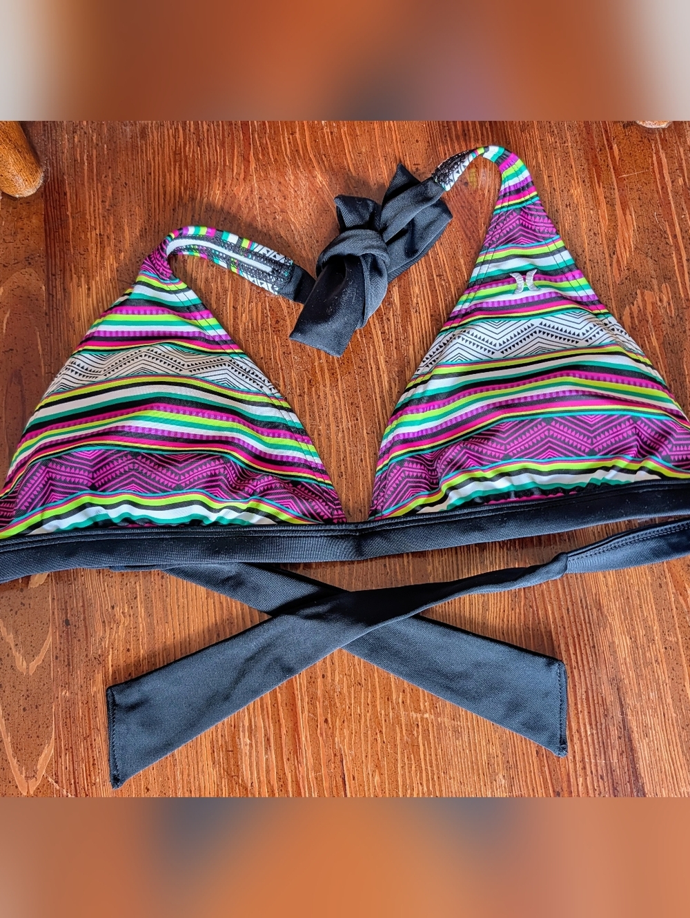 Hurley Multicolor Striped Triangle Bikini Top with Black Ties